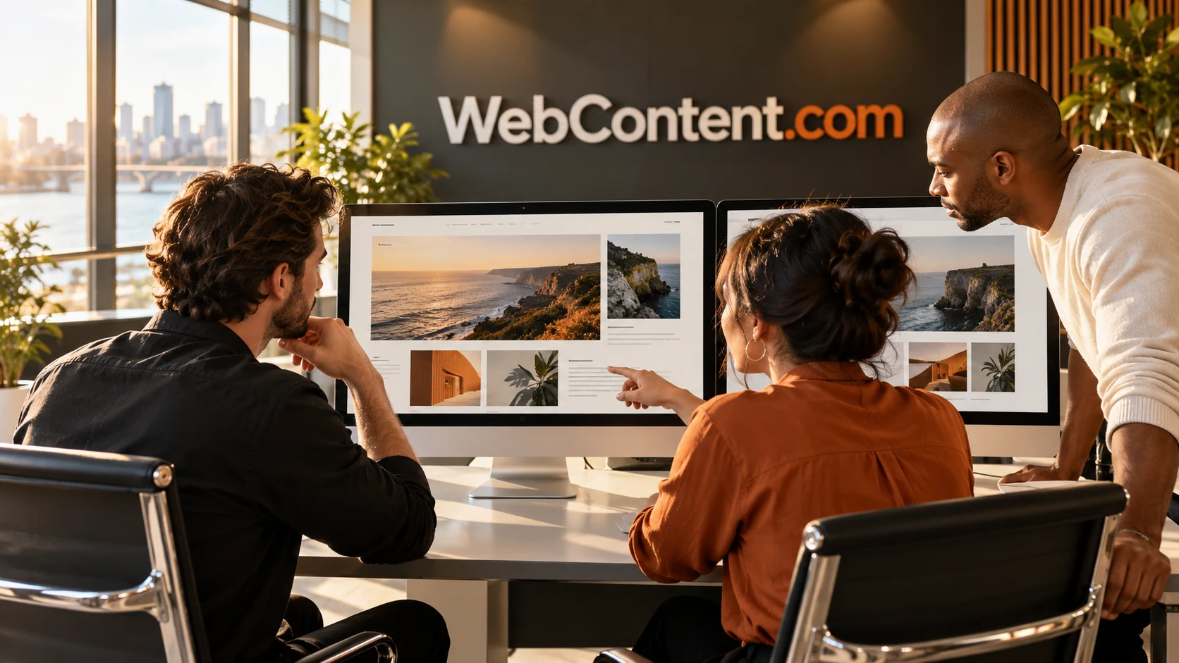Editorial team reviewing website content in a daylight workspace